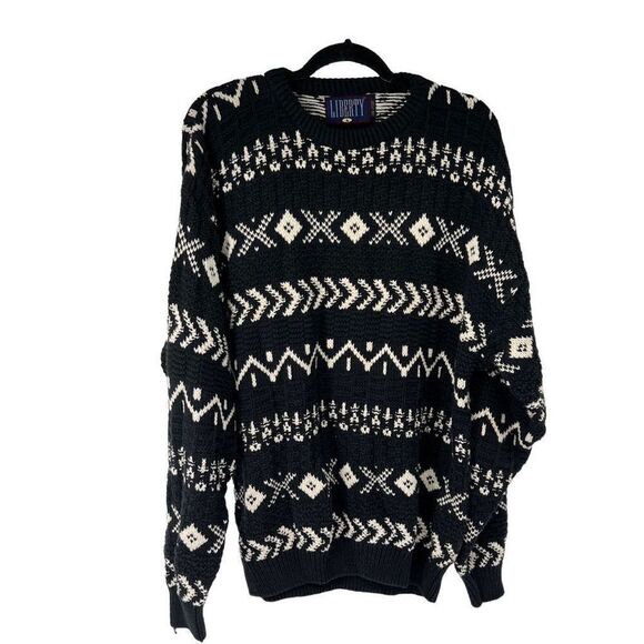Vintage Navy Blue White Print Textured Sweater - Picture 1 of 7